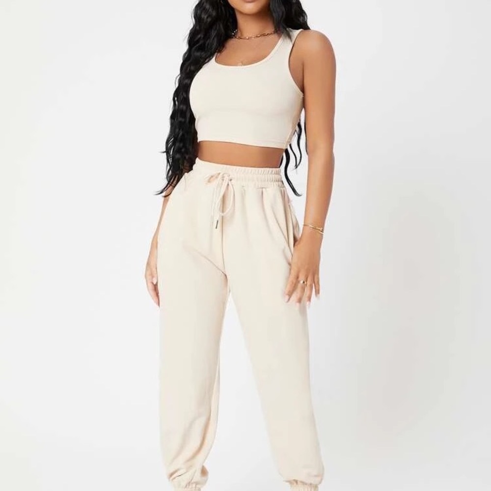 Solid Crop Tank Top And Joggers Set